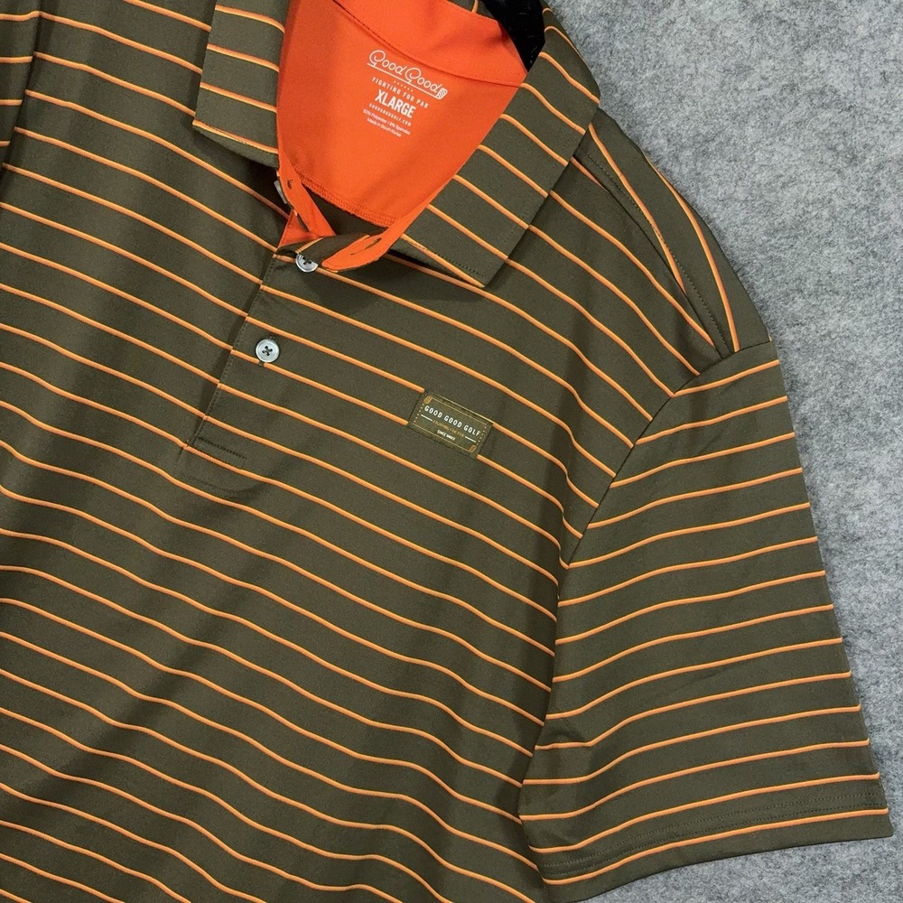 Good Good Golf Polo Mens Sz XL Green Orange Striped Stretch Active Performance